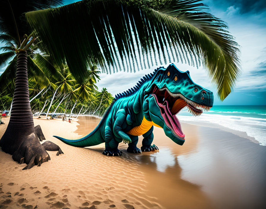 Colorful Tyrannosaurus rex on tropical beach with palm trees and ocean