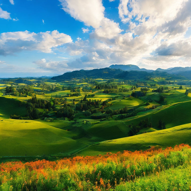 Landscape with Green Hills, Trees, and Wildflowers