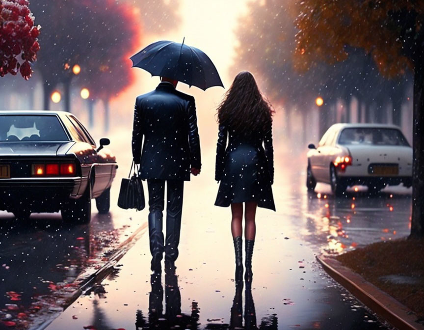 Couple walking under umbrella in rainy city with classic car and autumn leaves