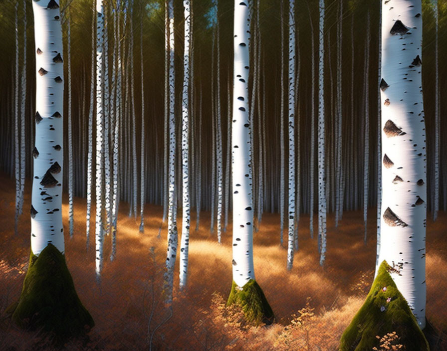 Tranquil Birch Forest with Sunlight Filtering Through Trees