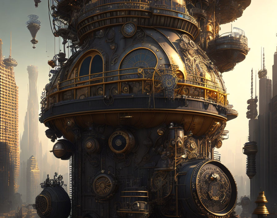 Detailed steampunk sphere in futuristic cityscape