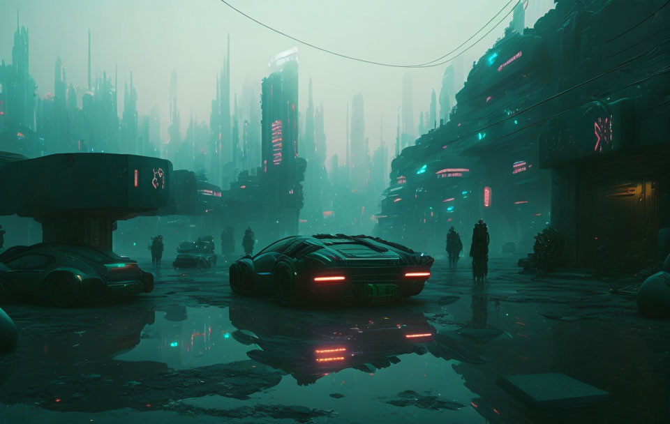 Futuristic neon cityscape with sleek vehicles and silhouetted figures.