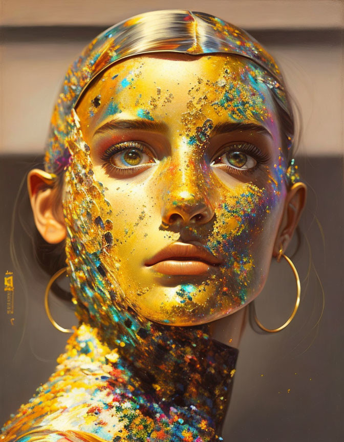 Female figure with golden textured paint and hoop earrings portrait.