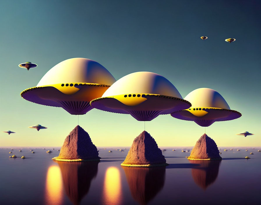 Surreal landscape with mushroom-shaped structures, flying saucers, calm water, and dusky