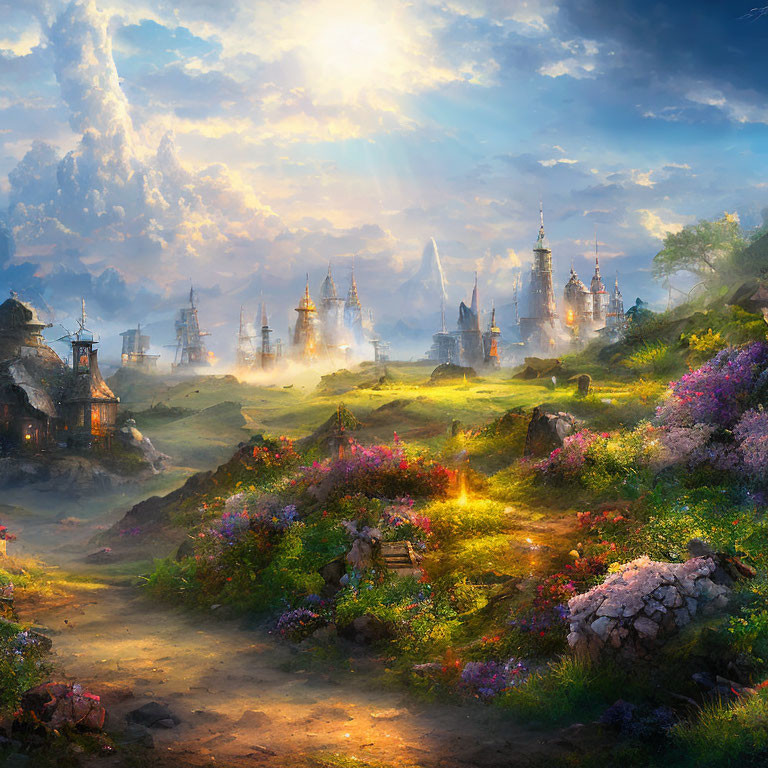 Fantasy landscape with sunlight, vibrant flora, and mystical spired structures