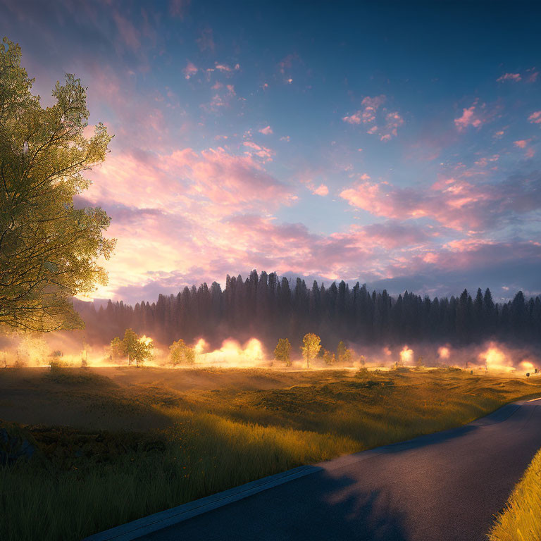 Tranquil sunrise over misty meadow with winding road, green tree, and colorful sky.