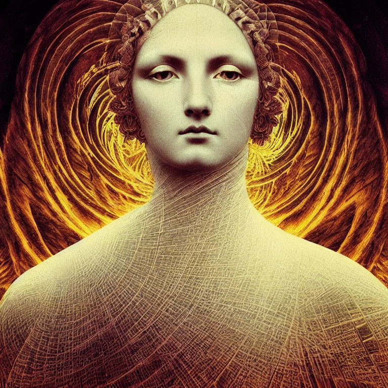 Detailed Digital Portrait: Female Figure with Fiery Aura