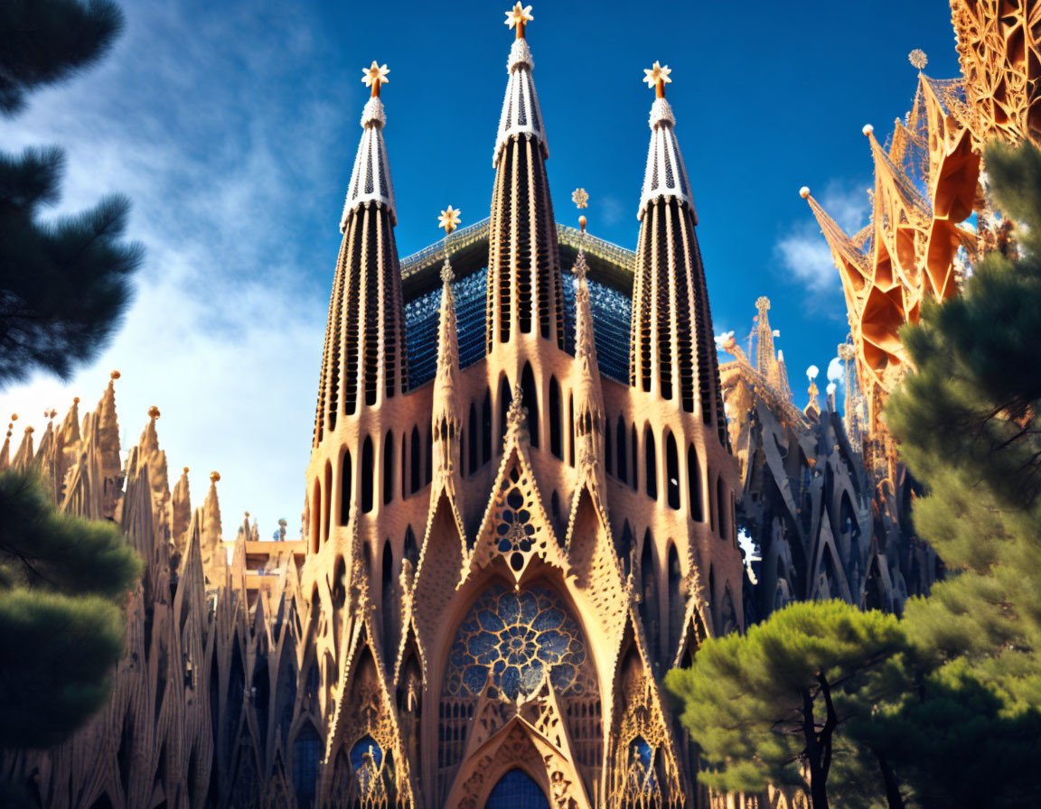 Intricate architecture of Sagrada Familia basilica against clear sky