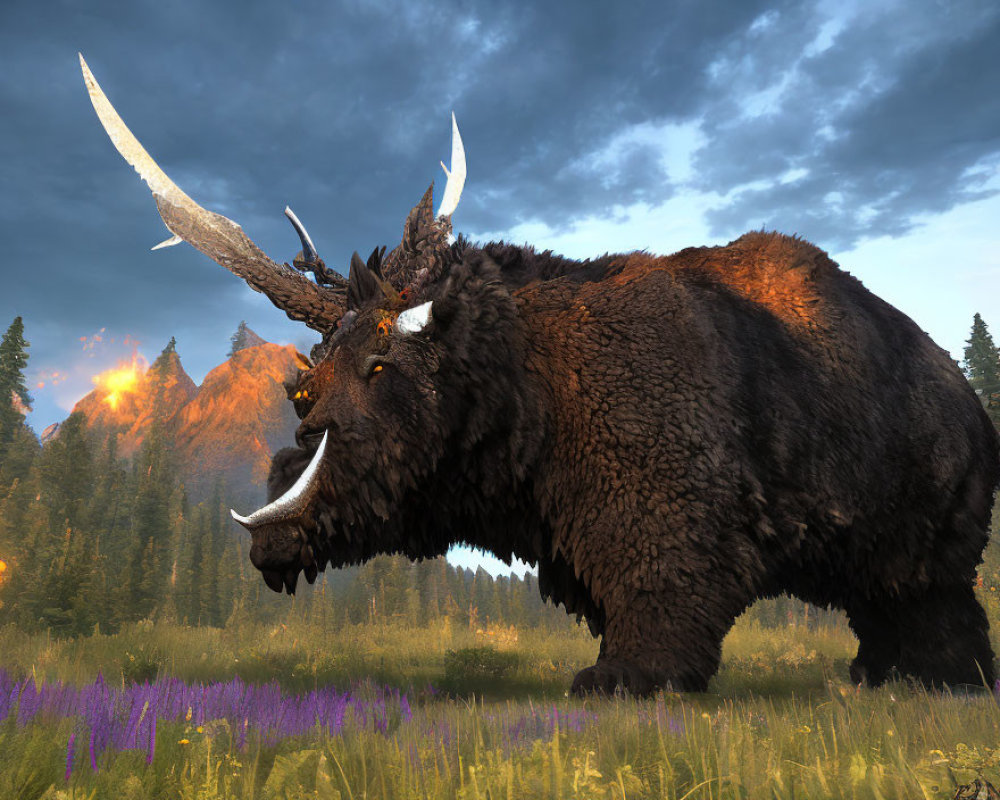 Fantasy bison-like creature with sharp horns in sunset forest scene