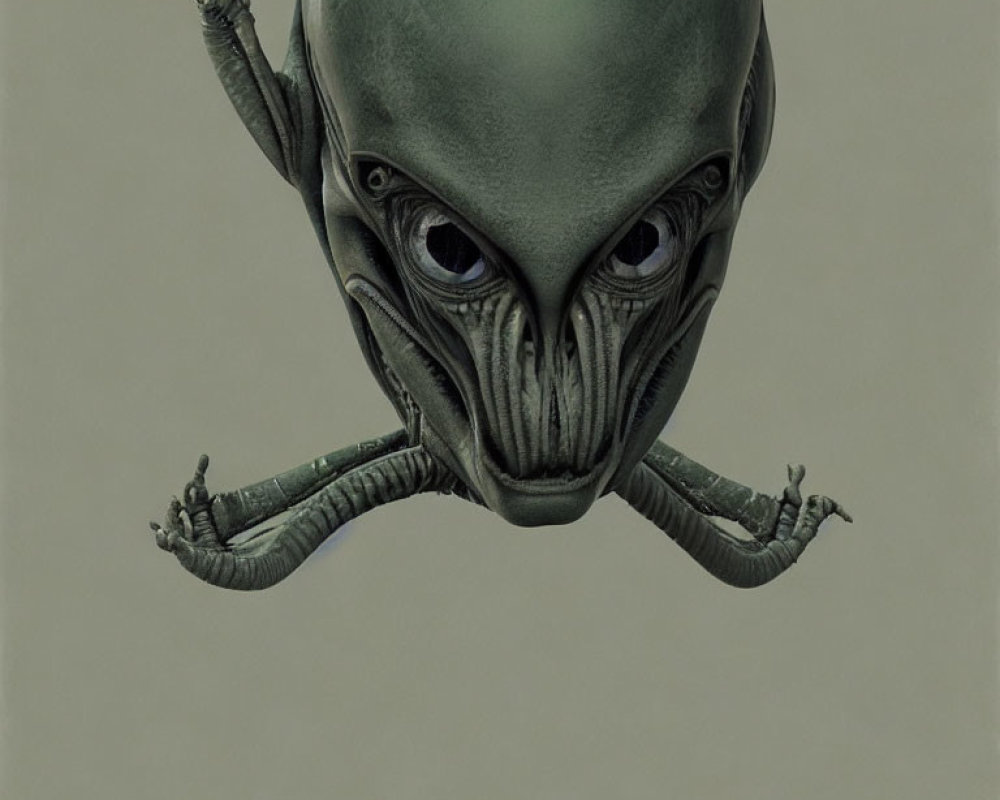 Alien creature drawing with oversized eyes and bald head