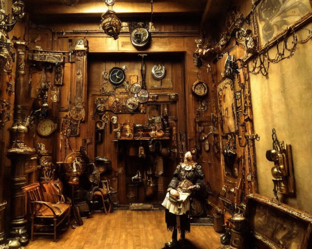 Vintage-themed room with antique decor and historical figure reading a book