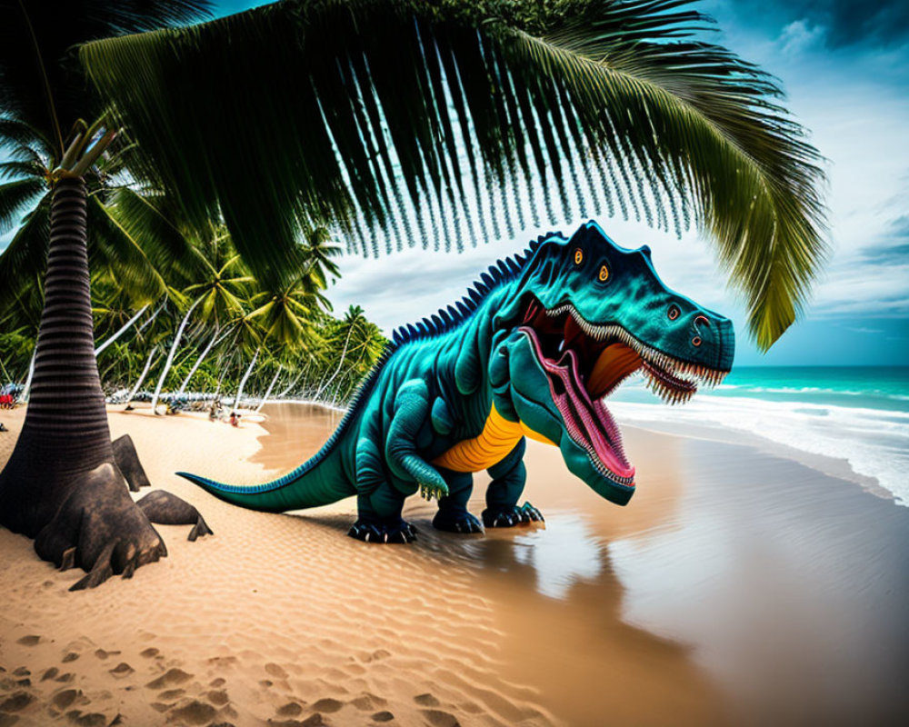 Colorful Tyrannosaurus rex on tropical beach with palm trees and ocean