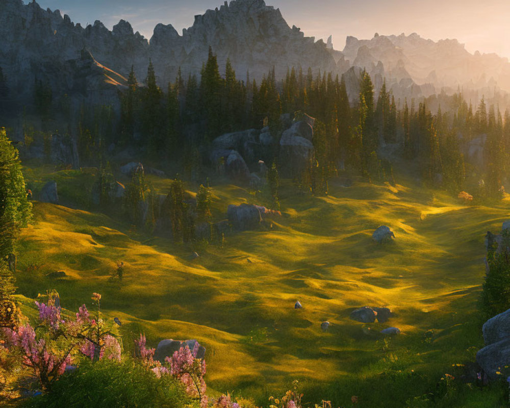 Tranquil Meadow with Wildflowers, Boulders, Forest, and Mountains