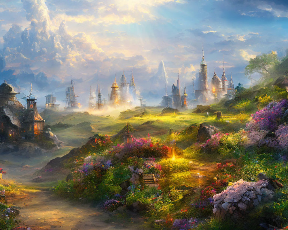 Fantasy landscape with sunlight, vibrant flora, and mystical spired structures