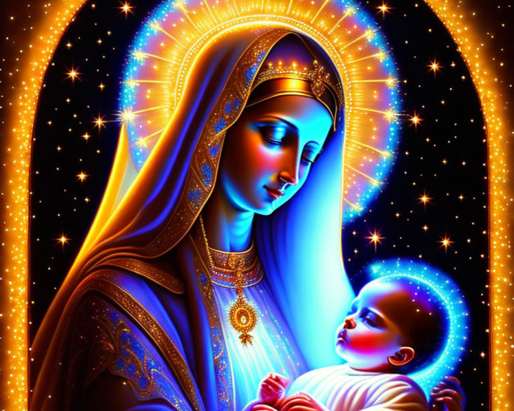 Illustration of woman in blue robes with baby under starry night sky