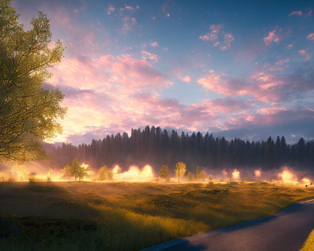 Tranquil sunrise over misty meadow with winding road, green tree, and colorful sky.