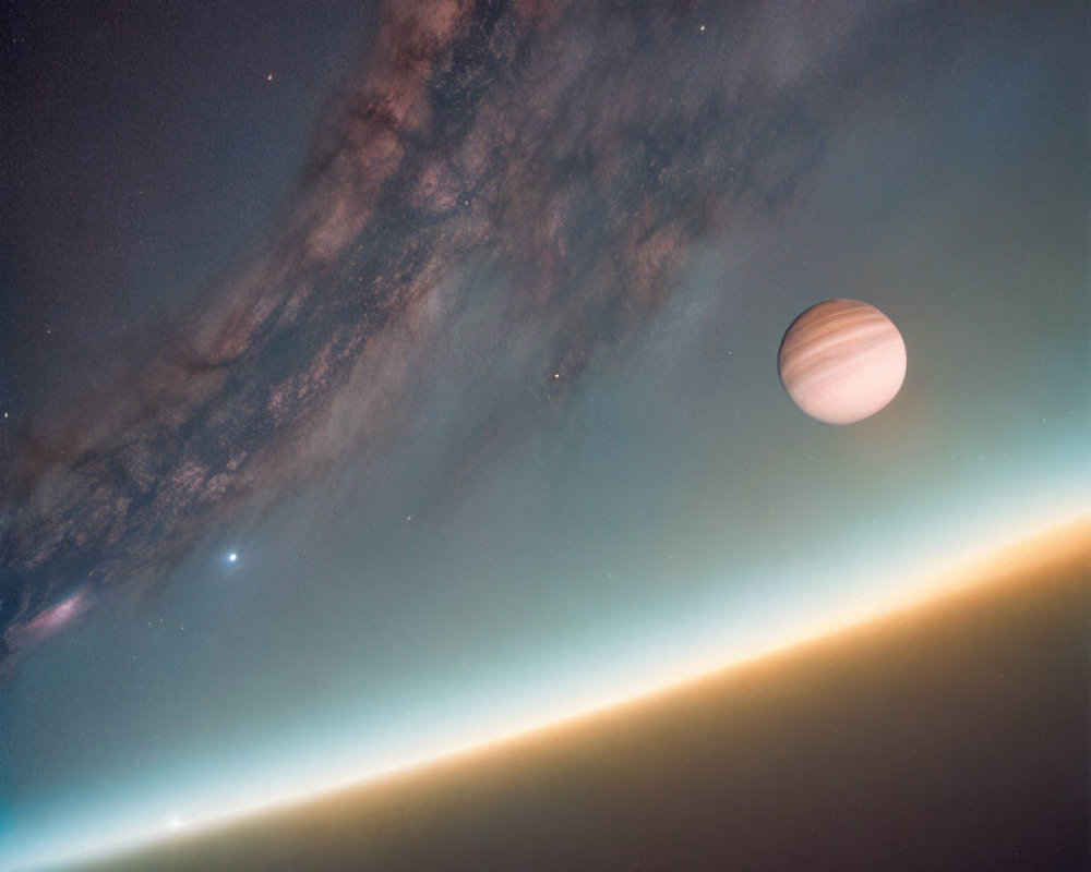 Serene space scene with Jupiter against starry backdrop and Earth's atmospheric glow.