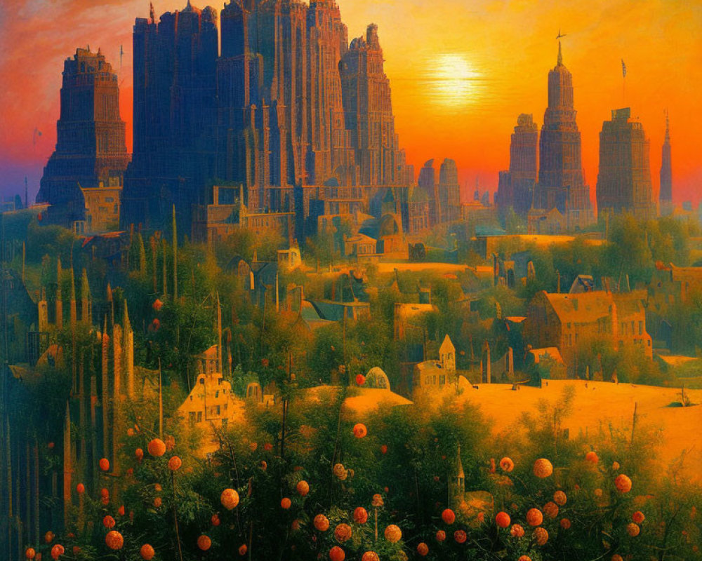 Colorful surreal cityscape painting with gothic and art deco buildings under a glowing sunset.