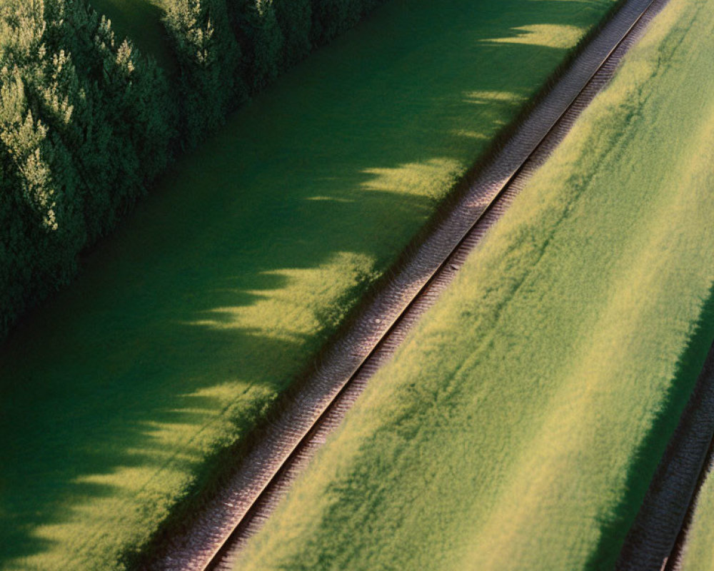 Scenic railroad tracks in lush green landscape at dusk