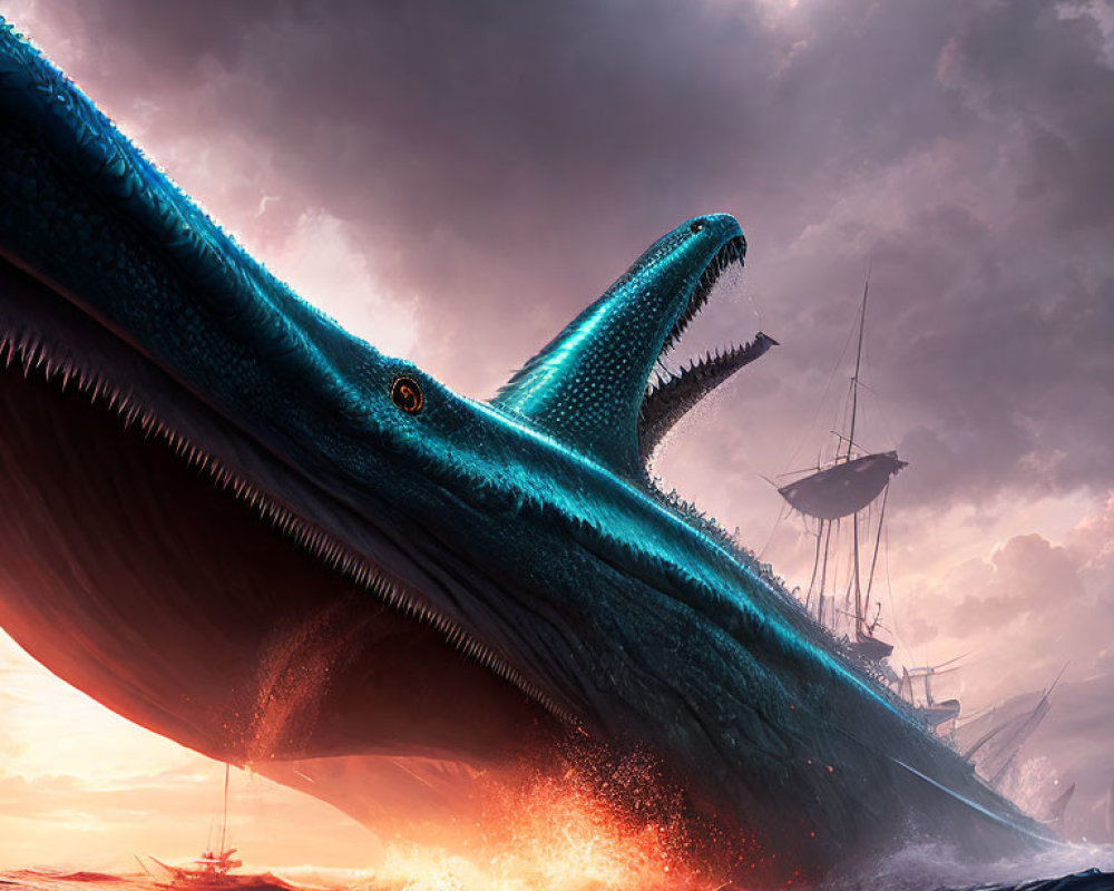 Gigantic blue whale with sharp teeth near sailing ship under dramatic sunset