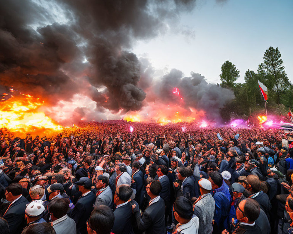 Crowd with flares and smoke at outdoor event with fiery ambiance.