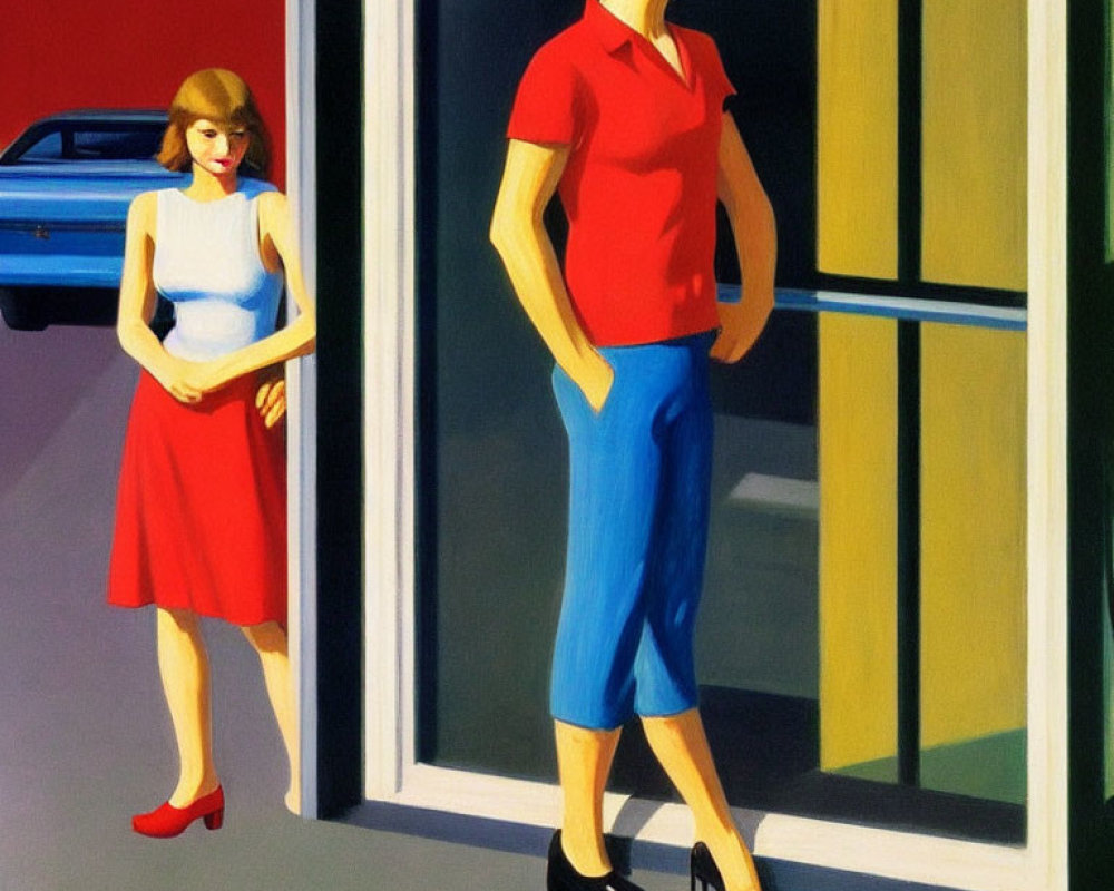 Artwork of woman in red skirt and man in green hat outside building with blue car.