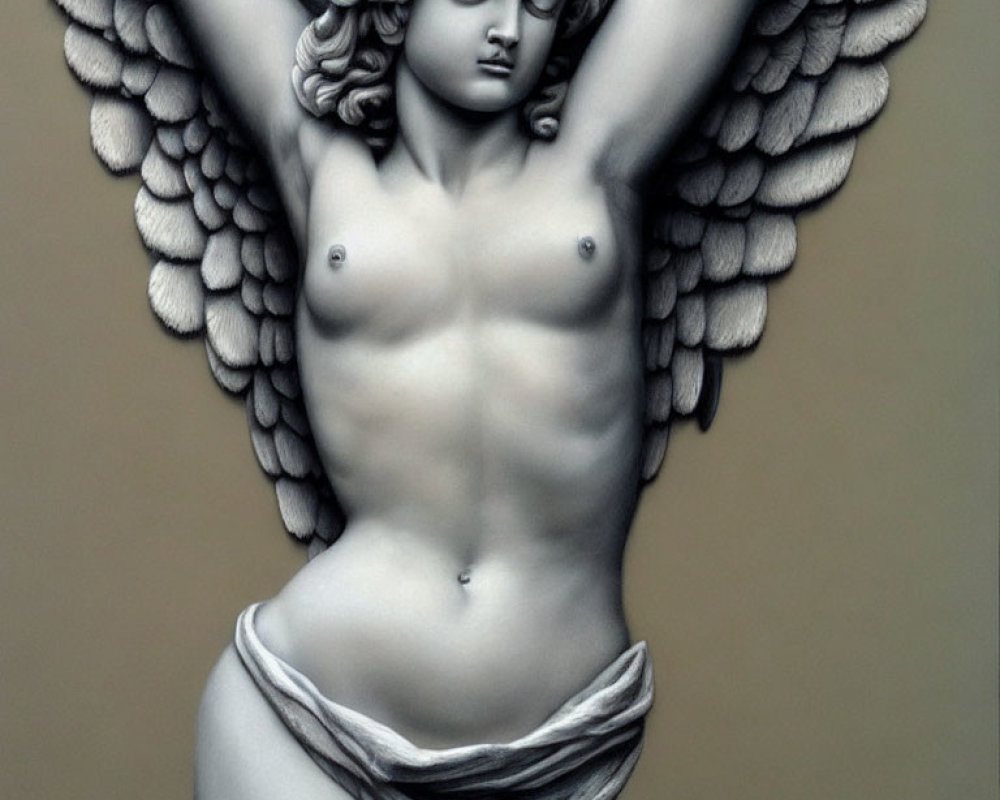 Detailed Angel Sculpture with Spread Wings and Serene Expression