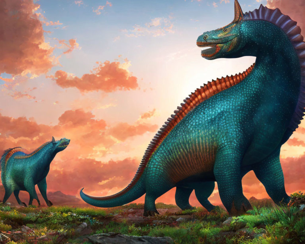 Vibrant blue dinosaurs with orange spines in lush landscape at sunset