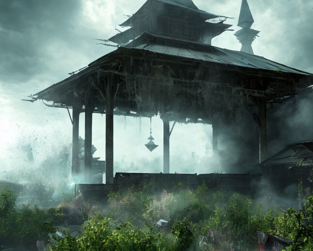 Weathered Gazebo in Overgrown Vegetation and Misty Atmosphere