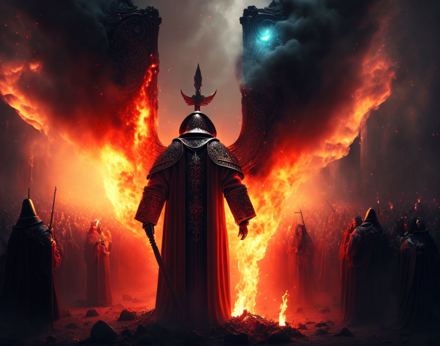 Cloaked figure at fiery portal with acolytes under eerie sky