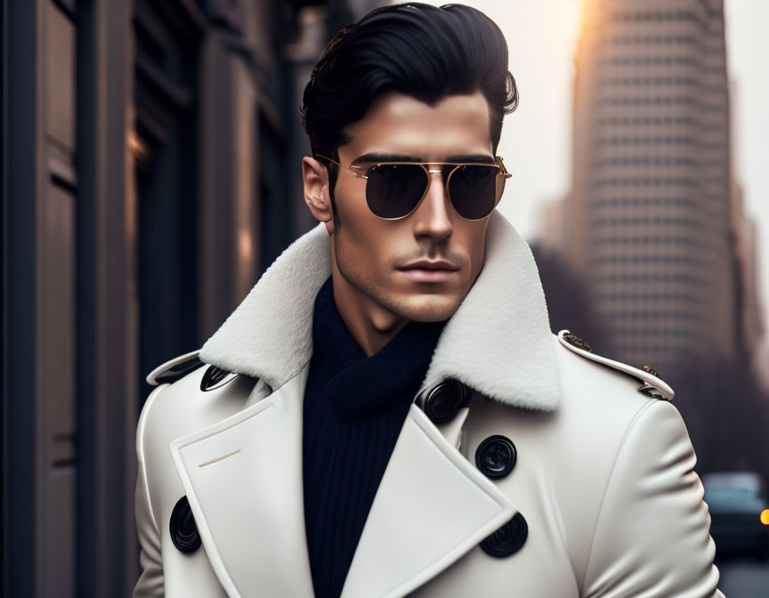 Fashionable man in black turtleneck and white winter coat with fur collar poses on city street