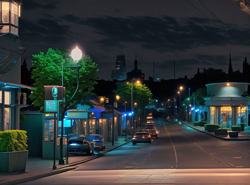 Night city street with parked cars and glowing bus stop