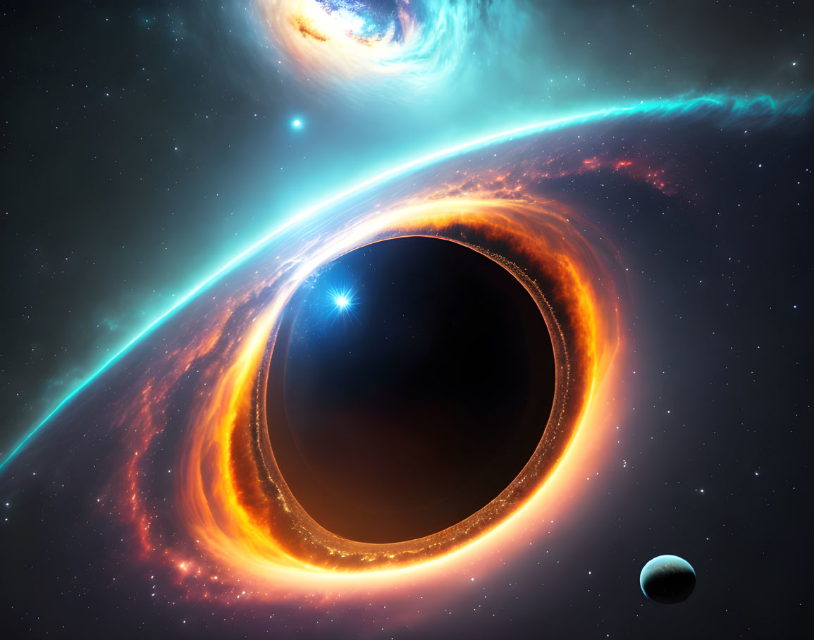 Black Hole Illustration with Accretion Disk and Cosmic Background