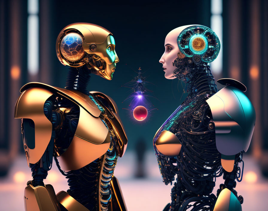 Highly detailed humanoid robots with intricate mechanisms and holographic element in futuristic setting