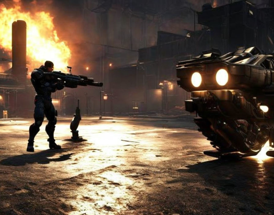 Futuristic soldier in armor with large gun in dystopian industrial scene