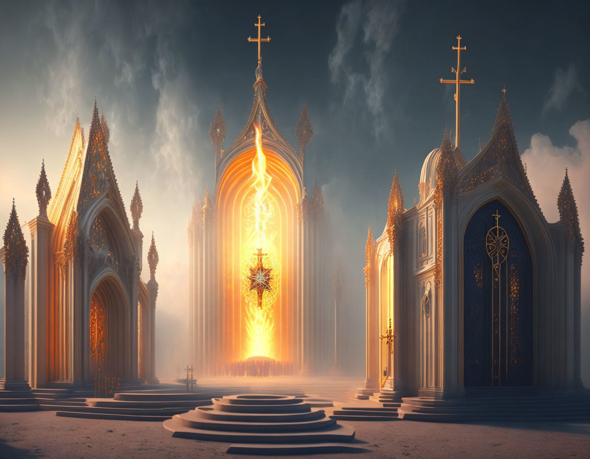 Ethereal cathedral with glowing, ornate architecture under moody sky