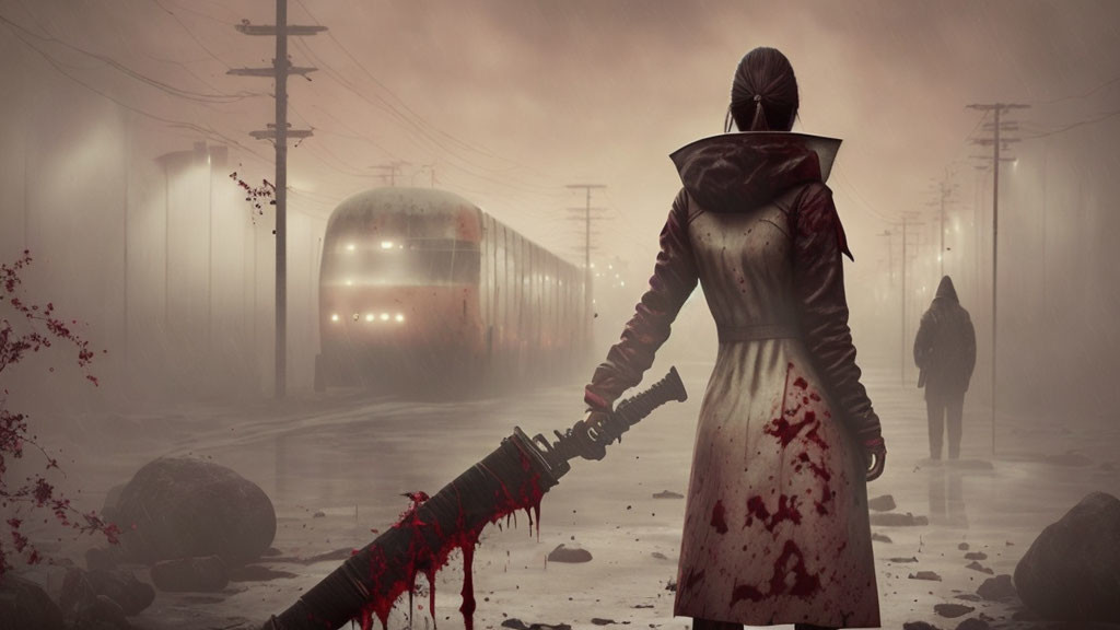 Bloody sword-wielding woman confronts figure in dystopian setting