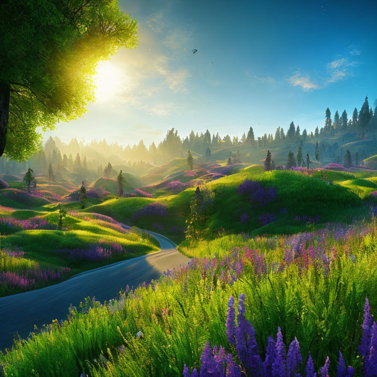 Scenic winding road through vibrant landscape of purple wildflowers