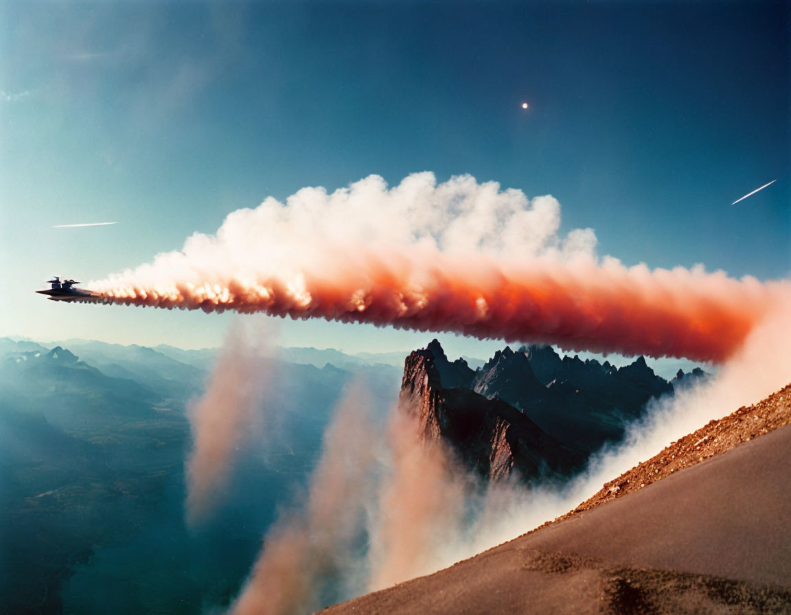 Military fighter jet releases reddish-orange flares over mountainous terrain under clear blue sky.