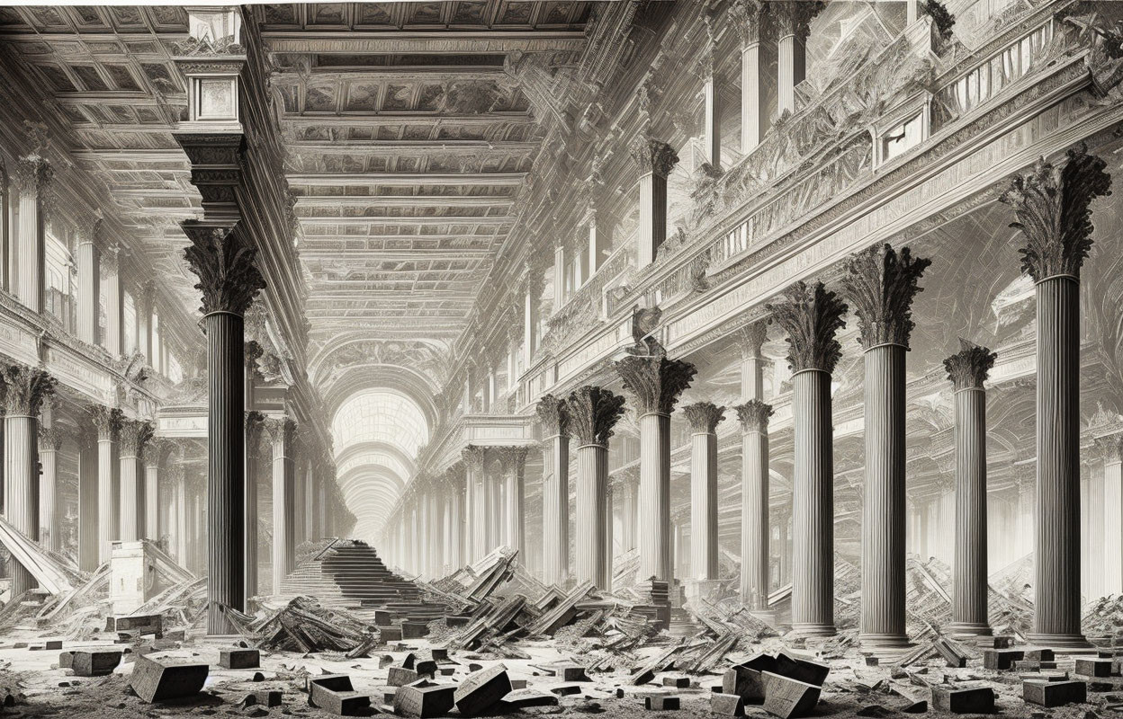 Classical interior ruins with columns, debris, and staircase