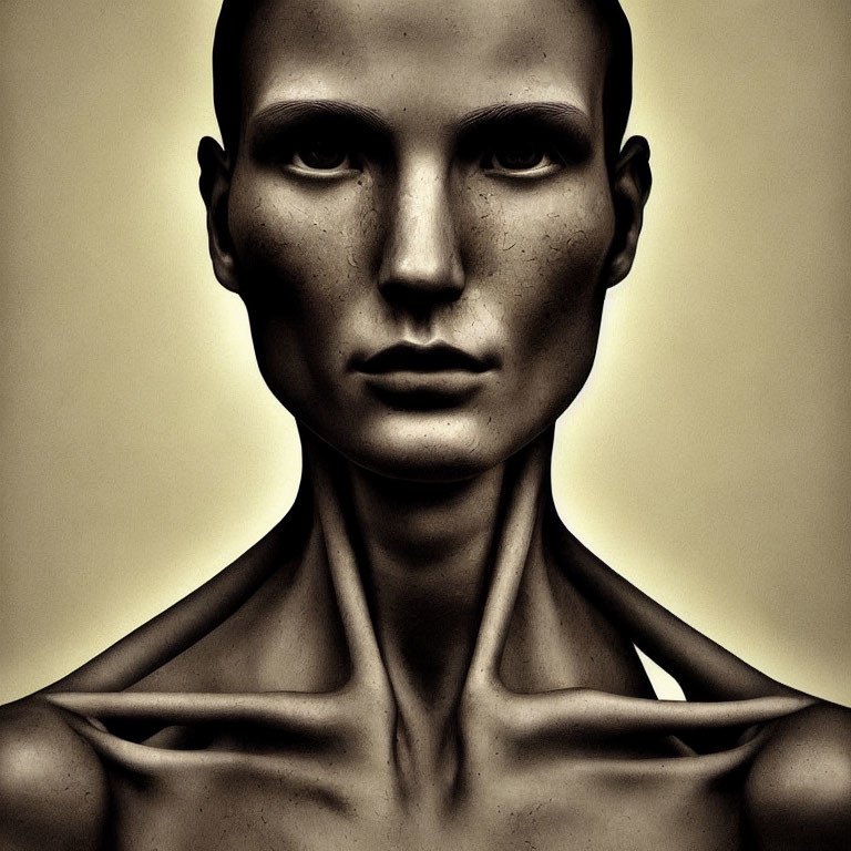 Symmetrical face with prominent cheekbones in sepia tones