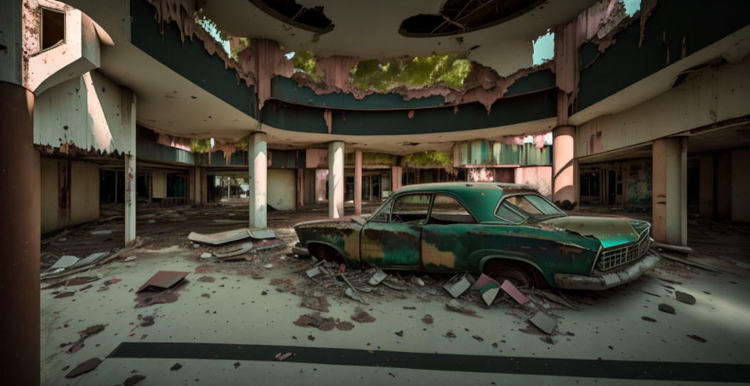 Abandoned vintage car in decaying building with debris