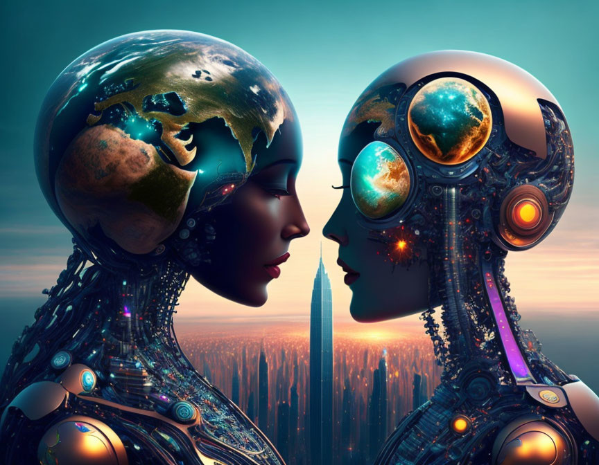 Futuristic cityscape backdrop with humanoid robots and globe-like heads