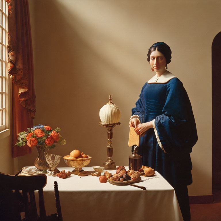 Classic Painting Scene: Woman in Blue Dress by Table with Flowers