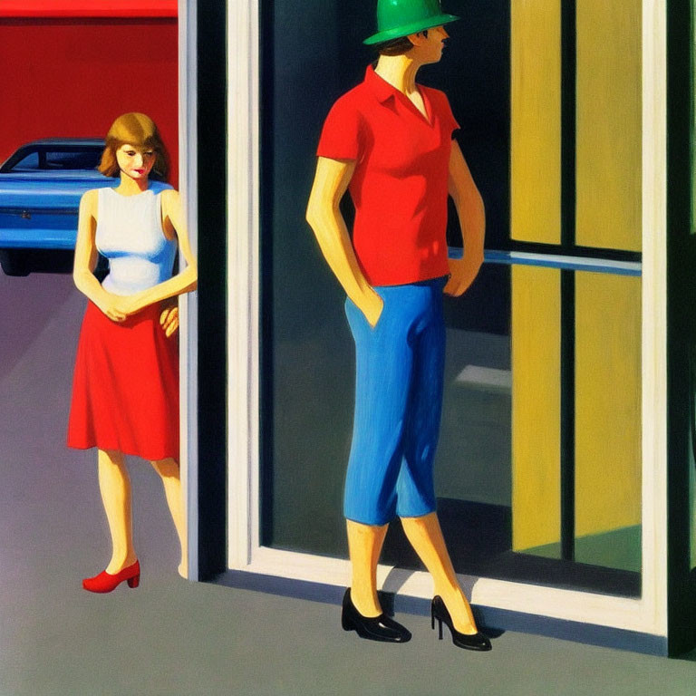 Artwork of woman in red skirt and man in green hat outside building with blue car.