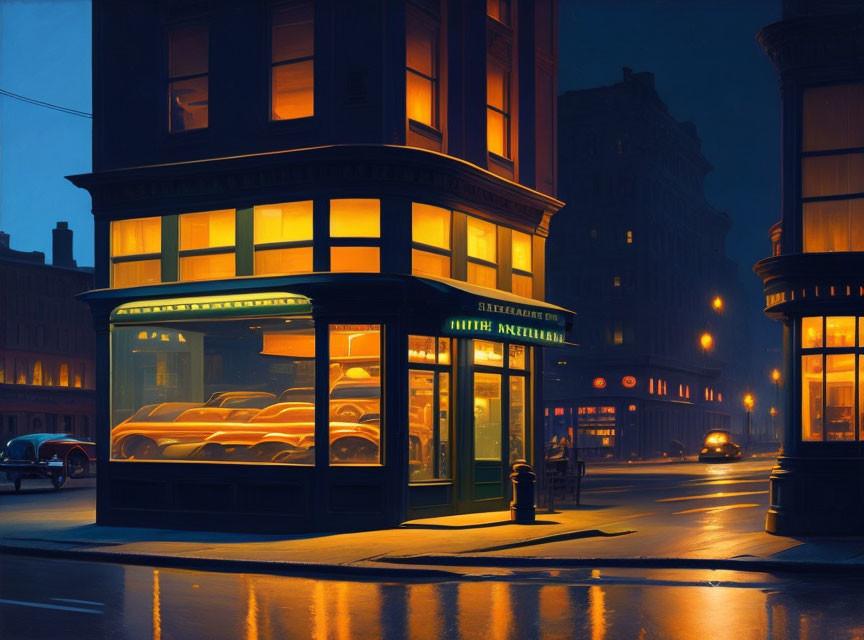 Cozy bakery at twilight with bread loaves in window display