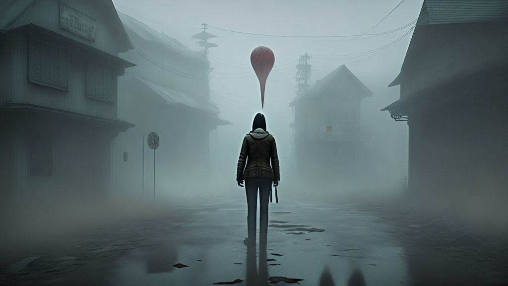 Person in jacket on foggy street with red balloon over misty Asian town