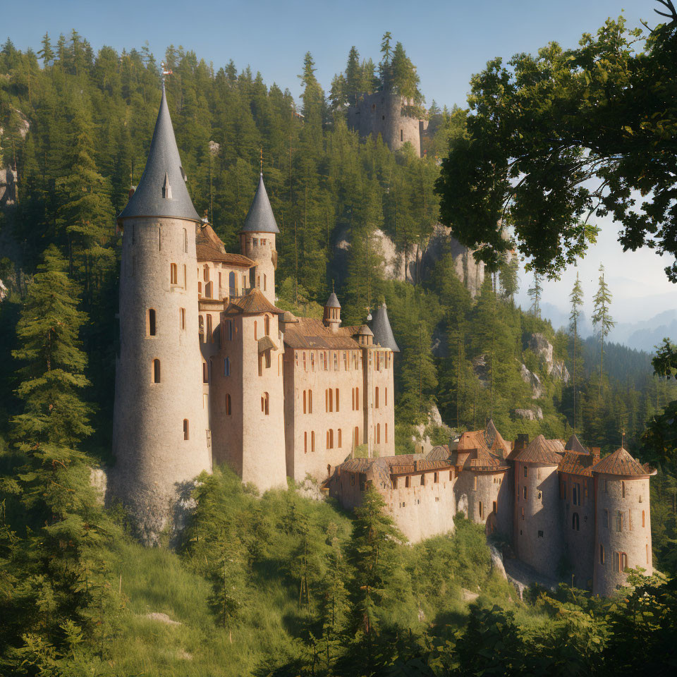 Medieval castle on forested hill with towers and clear sky.