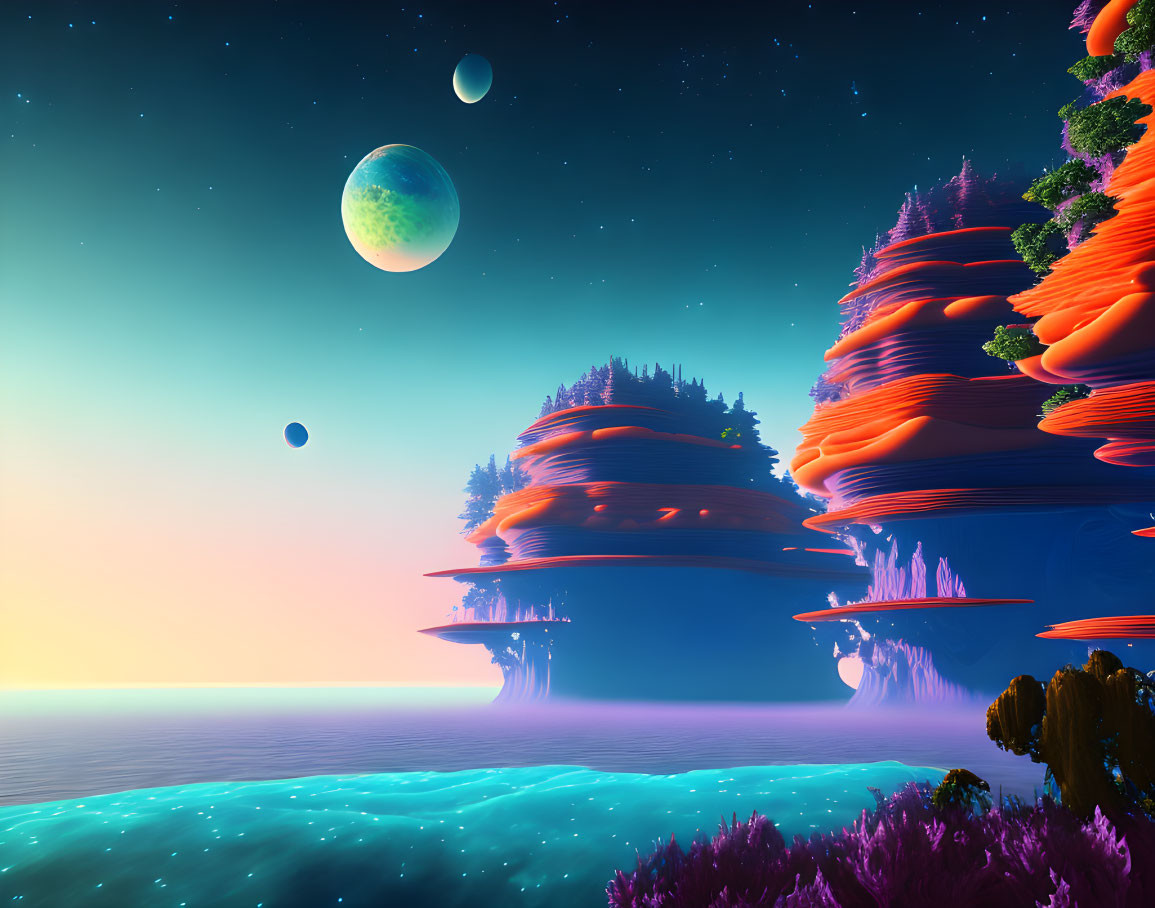 Alien landscape with layered rocks, ocean, and two moons at twilight