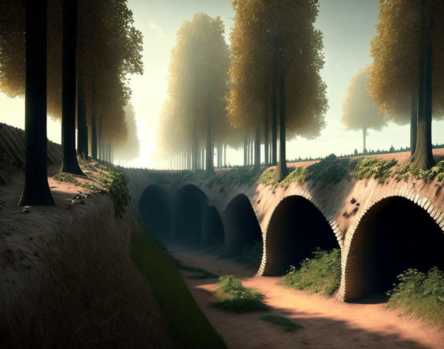 Sunlit Forest with Arched Tunnels and Tall Trees